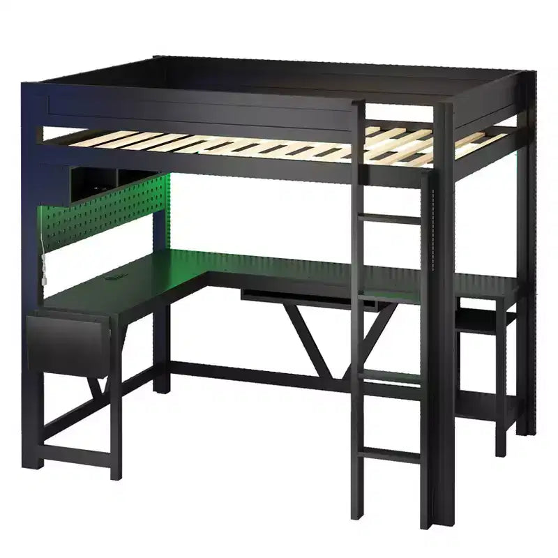 GDFStudio Harry Wood Full Size Gaming Loft Bed with Desk and Storage Shelves