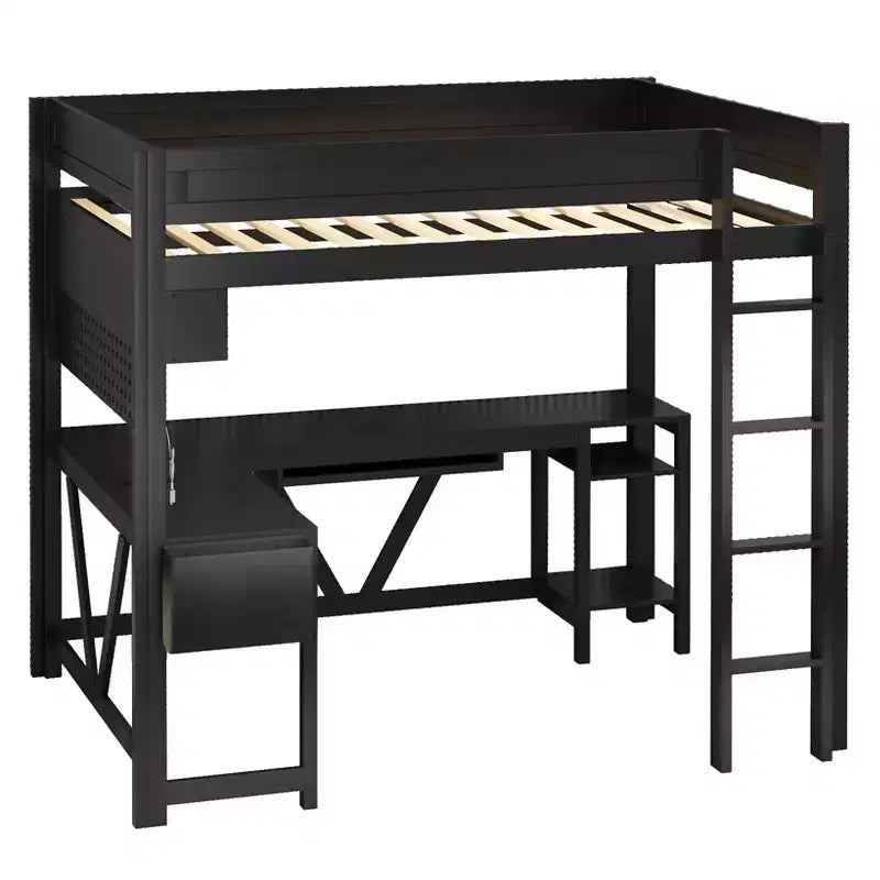 GDFStudio Harry Wood Full Size Gaming Loft Bed with Desk and Storage Shelves