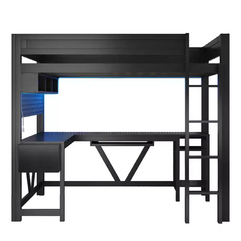 GDFStudio Harry Wood Full Size Gaming Loft Bed with Desk and Storage Shelves