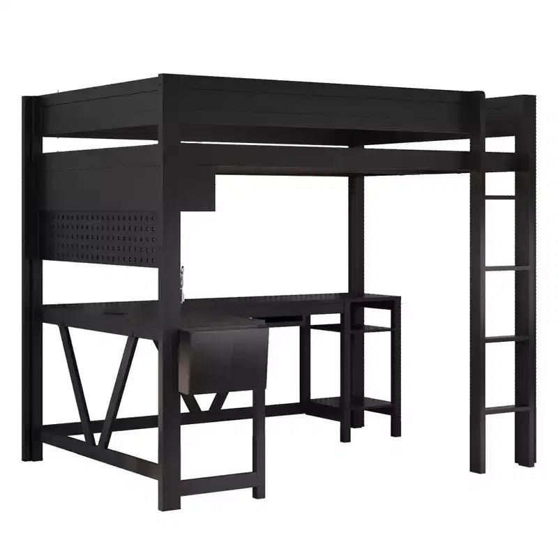GDFStudio Harry Wood Full Size Gaming Loft Bed with Desk and Storage Shelves
