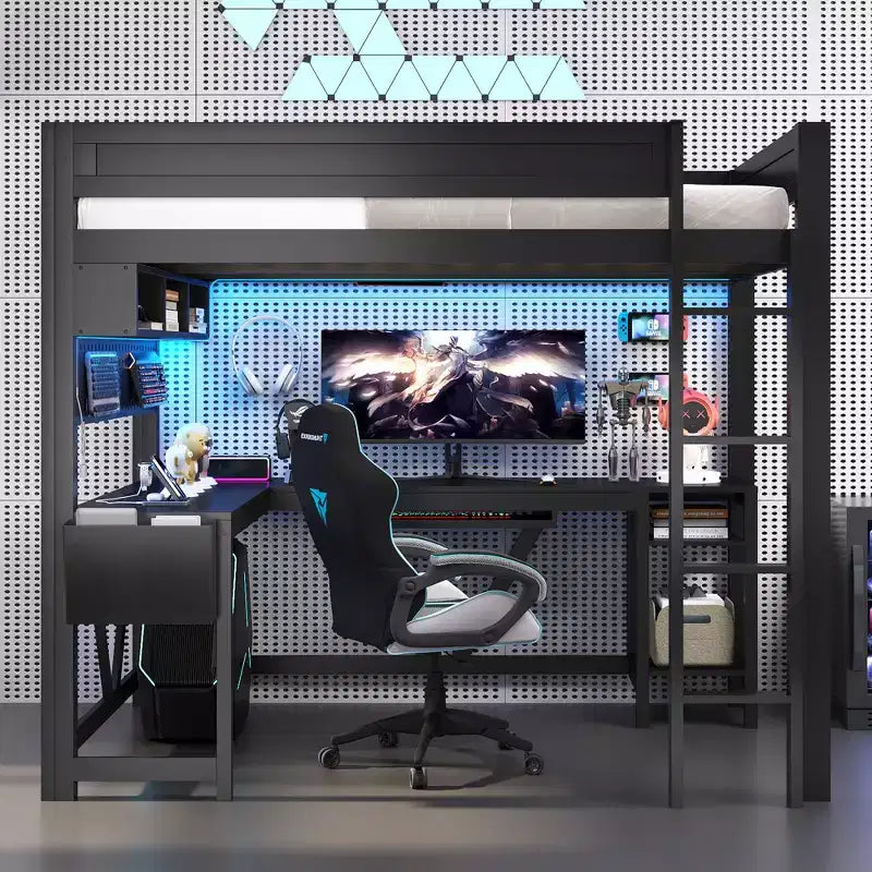 GDFStudio Harry Wood Full Size Gaming Loft Bed with Desk and Storage Shelves