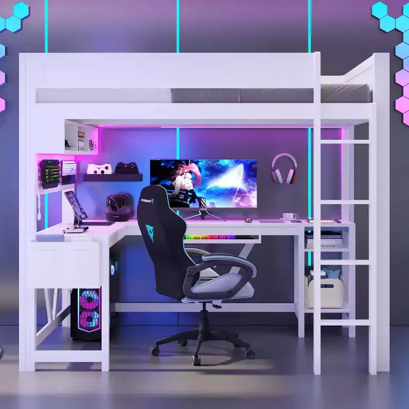 GDFStudio Harry Wood Full Size Gaming Loft Bed with Desk and Storage Shelves