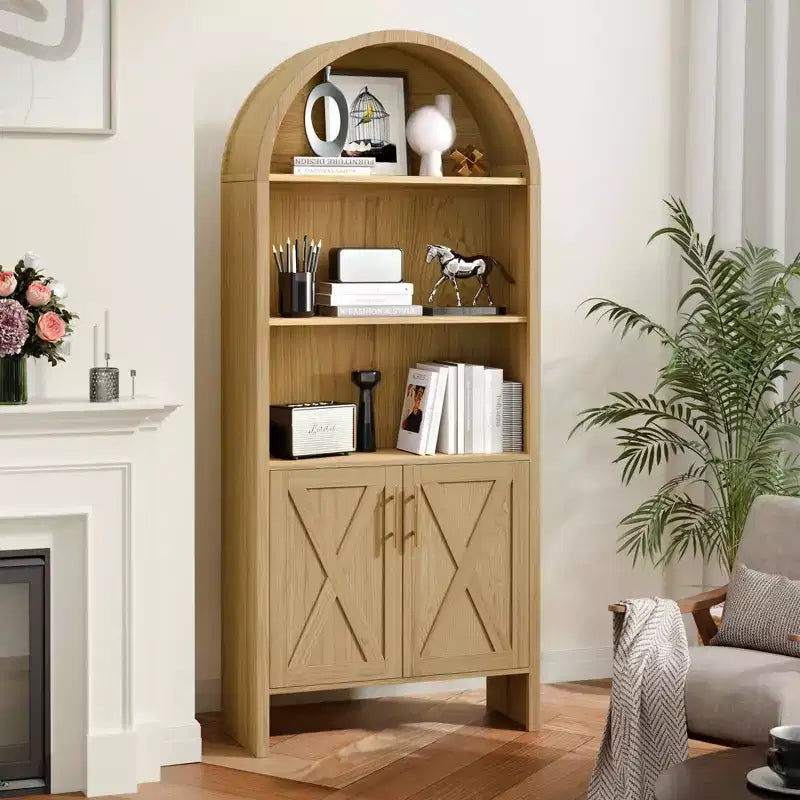 MAYEERTY 60 Arched Storage Cabinet Beech Wooden Door 4 Tier Farmhouse Oak