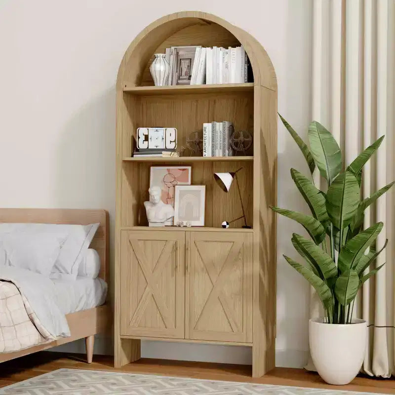 MAYEERTY 60 Arched Storage Cabinet Beech Wooden Door 4 Tier Farmhouse Oak