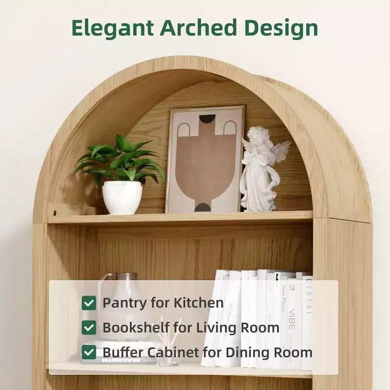 MAYEERTY 60 Arched Storage Cabinet Beech Wooden Door 4 Tier Farmhouse Oak