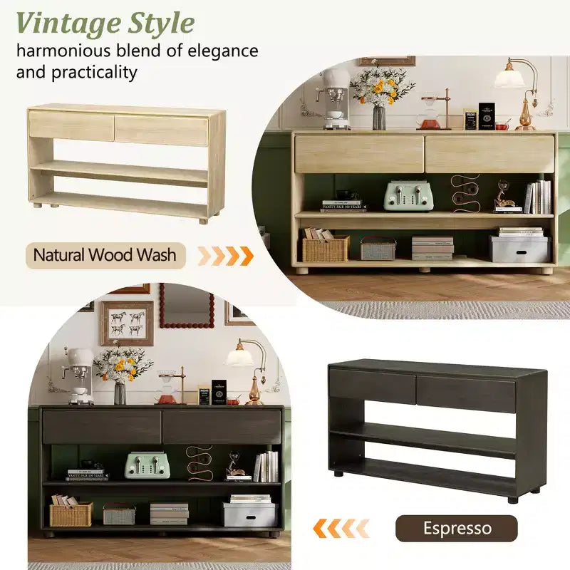 Wood Console Table with Storage, Vintage Entryway Table Drawers and Shelves for Entryway and Hallway