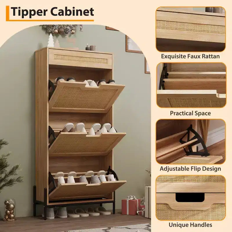 3 Flip Drawers Shoe Cabinet with 1 Pull-Out Drawer, Shoe Cabinet, Freestanding Shoe Rack Organizer for Entryway