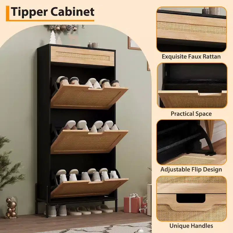 3 Flip Drawers Shoe Cabinet with 1 Pull-Out Drawer, Shoe Cabinet, Freestanding Shoe Rack Organizer for Entryway