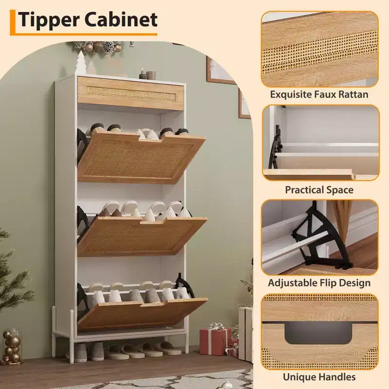 3 Flip Drawers Shoe Cabinet with 1 Pull-Out Drawer, Shoe Cabinet, Freestanding Shoe Rack Organizer for Entryway