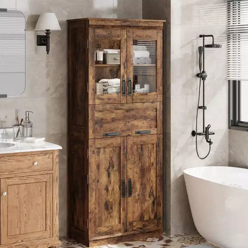 67 Tall Bathroom Cabinet with 4 Doors & Flip Glass Drawer, Storage Cabinet with Adjustable Shelves, for Bathroom, Dining Room, Living Room