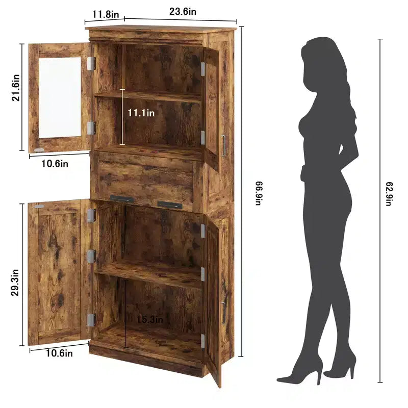 67 Tall Bathroom Cabinet with 4 Doors & Flip Glass Drawer, Storage Cabinet with Adjustable Shelves, for Bathroom, Dining Room, Living Room