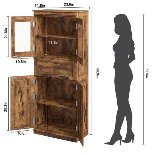 67 Tall Bathroom Cabinet with 4 Doors & Flip Glass Drawer, Storage Cabinet with Adjustable Shelves, for Bathroom, Dining Room, Living Room