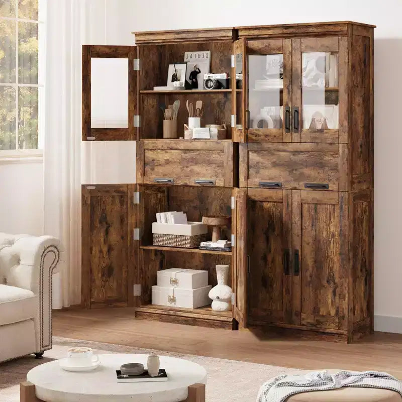 67 Tall Bathroom Cabinet with 4 Doors & Flip Glass Drawer, Storage Cabinet with Adjustable Shelves, for Bathroom, Dining Room, Living Room
