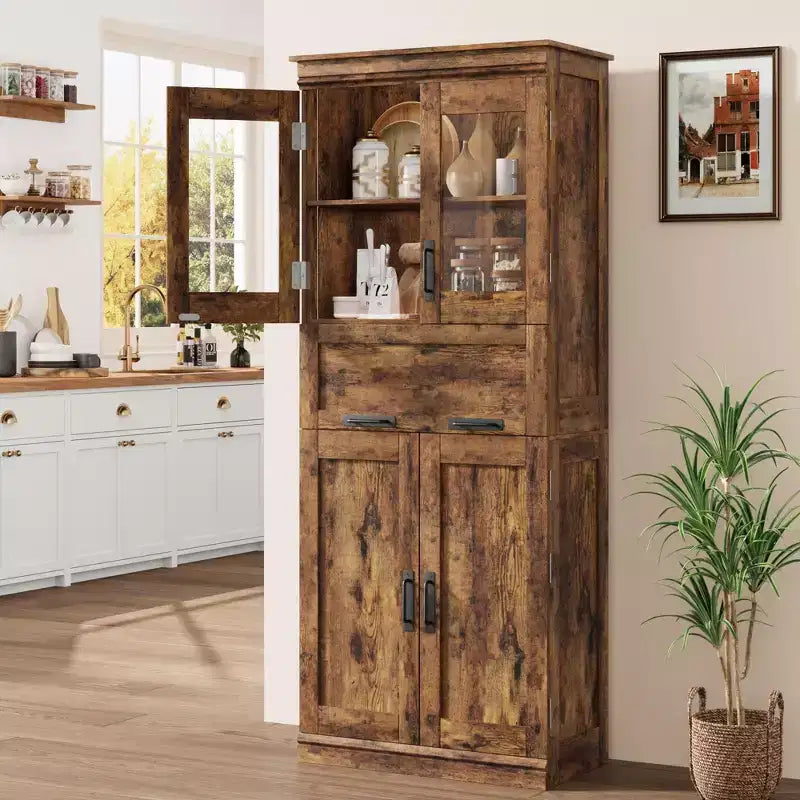 67 Tall Bathroom Cabinet with 4 Doors & Flip Glass Drawer, Storage Cabinet with Adjustable Shelves, for Bathroom, Dining Room, Living Room