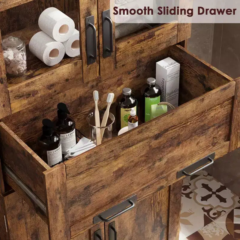 67 Tall Bathroom Cabinet with 4 Doors & Flip Glass Drawer, Storage Cabinet with Adjustable Shelves, for Bathroom, Dining Room, Living Room