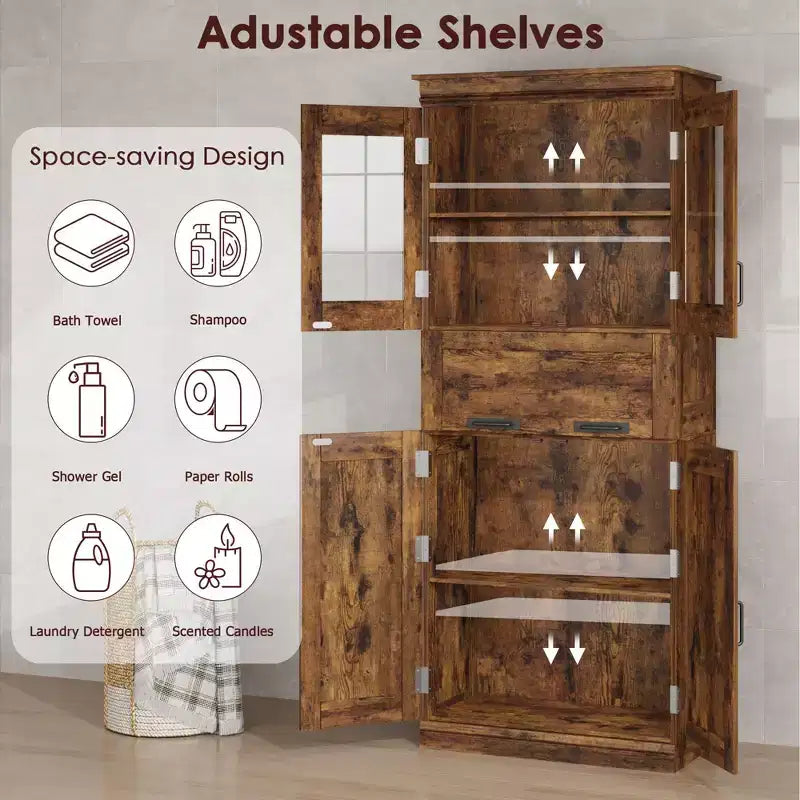 67 Tall Bathroom Cabinet with 4 Doors & Flip Glass Drawer, Storage Cabinet with Adjustable Shelves, for Bathroom, Dining Room, Living Room