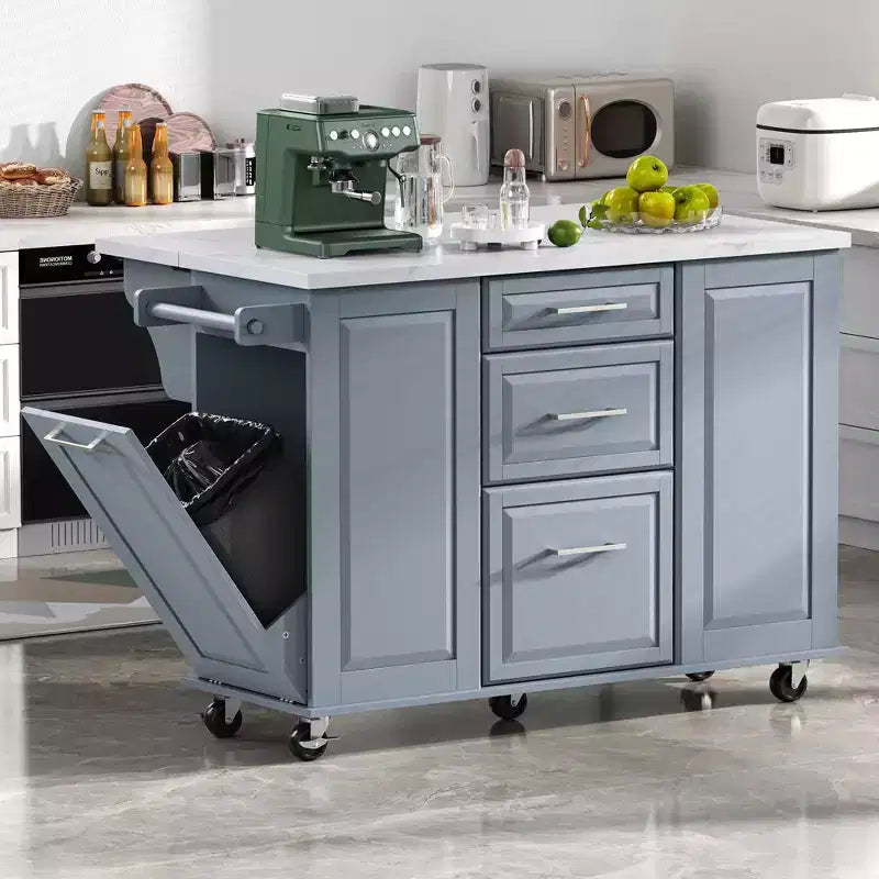 Okak Kitchen Island with Tilt Trash Can Cabinet, Kitchen Cart with Pull Out Cabinet Organizer and Drop Leaf, Countertop Organizer for Kitchen