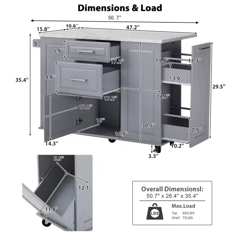 Okak Kitchen Island with Tilt Trash Can Cabinet, Kitchen Cart with Pull Out Cabinet Organizer and Drop Leaf, Countertop Organizer for Kitchen