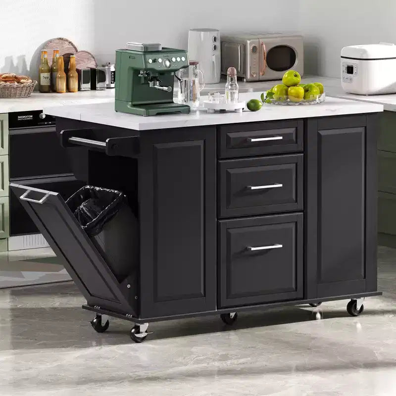 Okak Kitchen Island with Tilt Trash Can Cabinet, Kitchen Cart with Pull Out Cabinet Organizer and Drop Leaf, Countertop Organizer for Kitchen