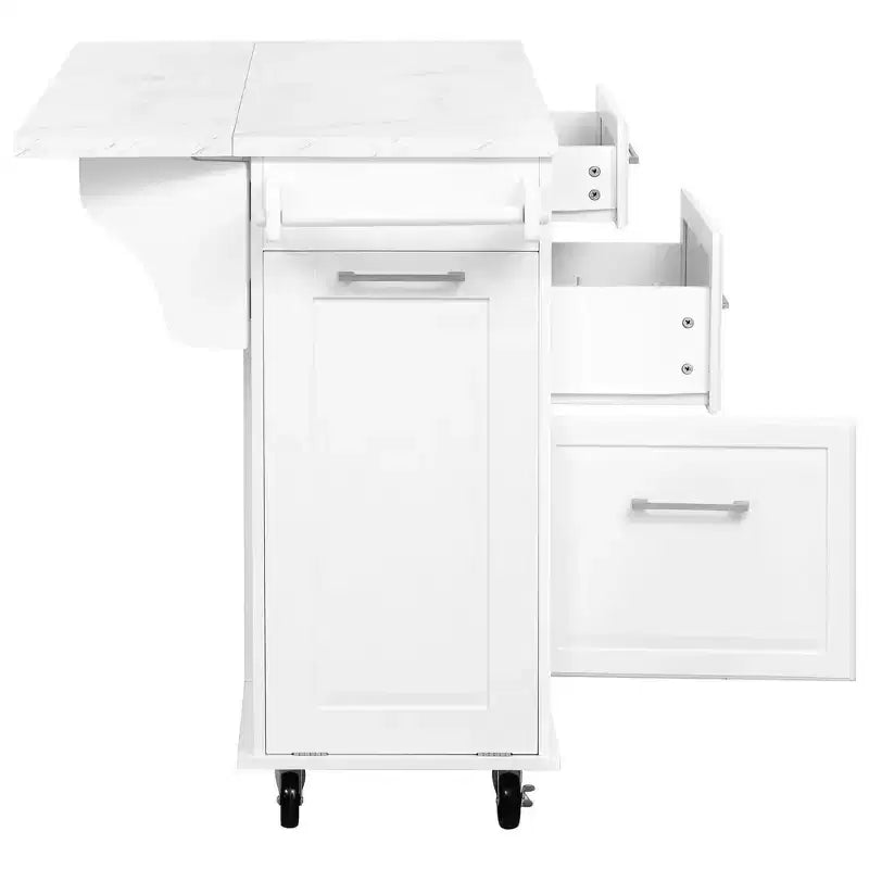 Okak Kitchen Island with Tilt Trash Can Cabinet, Kitchen Cart with Pull Out Cabinet Organizer and Drop Leaf, Countertop Organizer for Kitchen
