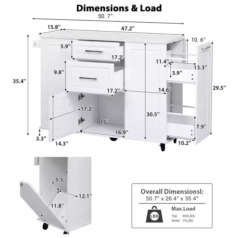 Okak Kitchen Island with Tilt Trash Can Cabinet, Kitchen Cart with Pull Out Cabinet Organizer and Drop Leaf, Countertop Organizer for Kitchen