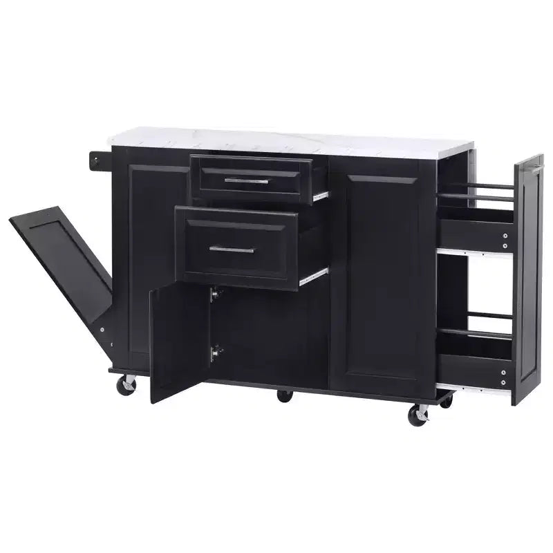 Okak Kitchen Island with Tilt Trash Can Cabinet, Kitchen Cart with Pull Out Cabinet Organizer and Drop Leaf, Countertop Organizer for Kitchen