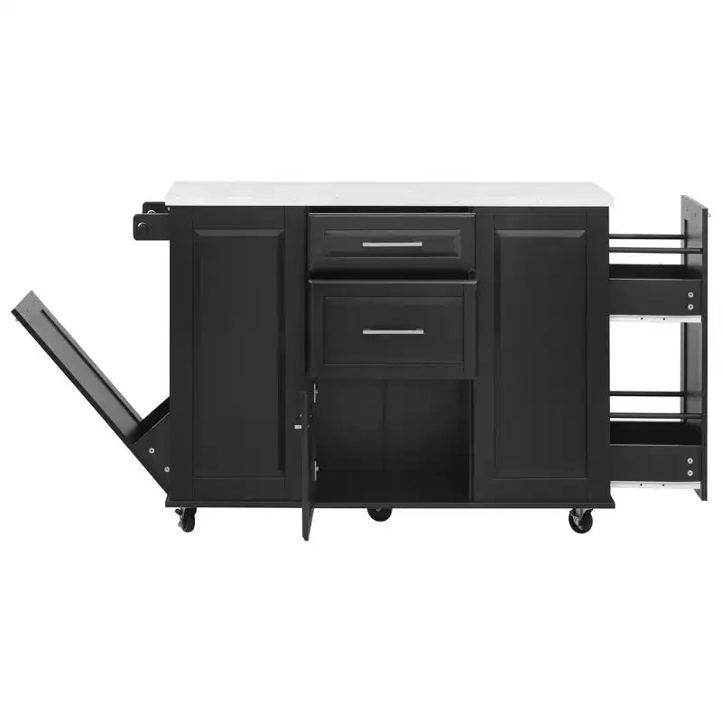 Okak Kitchen Island with Tilt Trash Can Cabinet, Kitchen Cart with Pull Out Cabinet Organizer and Drop Leaf, Countertop Organizer for Kitchen