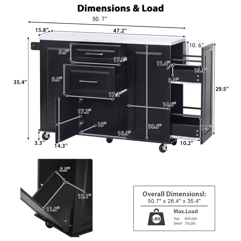 Okak Kitchen Island with Tilt Trash Can Cabinet, Kitchen Cart with Pull Out Cabinet Organizer and Drop Leaf, Countertop Organizer for Kitchen