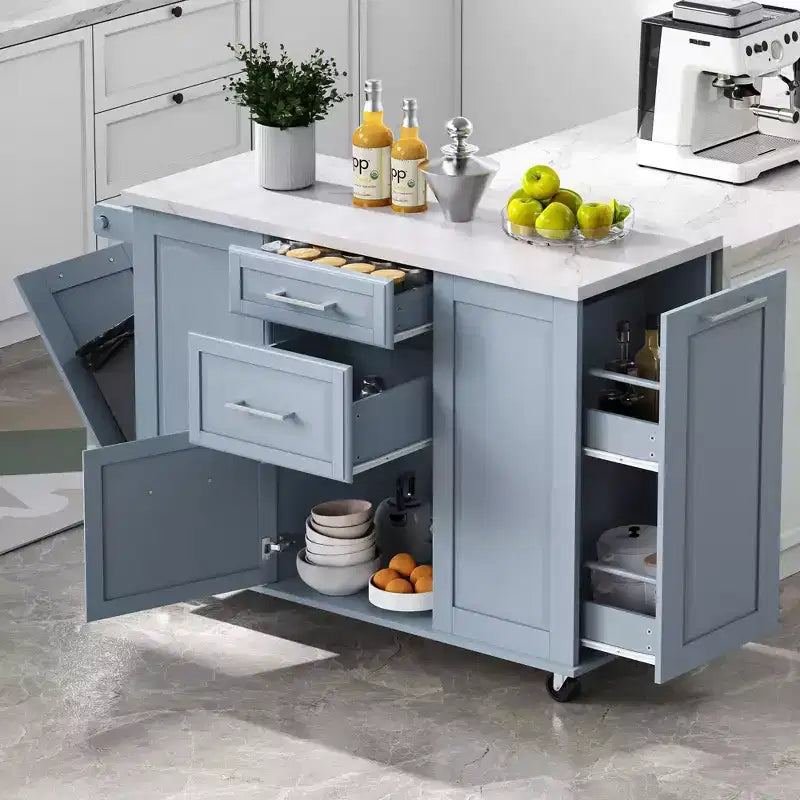 Okak Kitchen Island with Tilt Trash Can Cabinet, Kitchen Cart with Pull Out Cabinet Organizer and Drop Leaf, Countertop Organizer for Kitchen