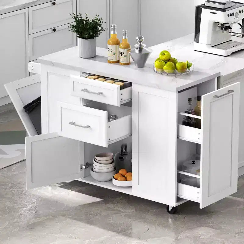 Okak Kitchen Island with Tilt Trash Can Cabinet, Kitchen Cart with Pull Out Cabinet Organizer and Drop Leaf, Countertop Organizer for Kitchen