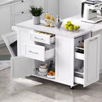 Okak Kitchen Island with Tilt Trash Can Cabinet, Kitchen Cart with Pull Out Cabinet Organizer and Drop Leaf, Countertop Organizer for Kitchen