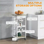Okak Kitchen Cart with Wooden Shelves, Kitchen Island with Wire Fruit Baskets, Trays and Drawer, Kitchen Island Cart for Kitchen, Dining Room