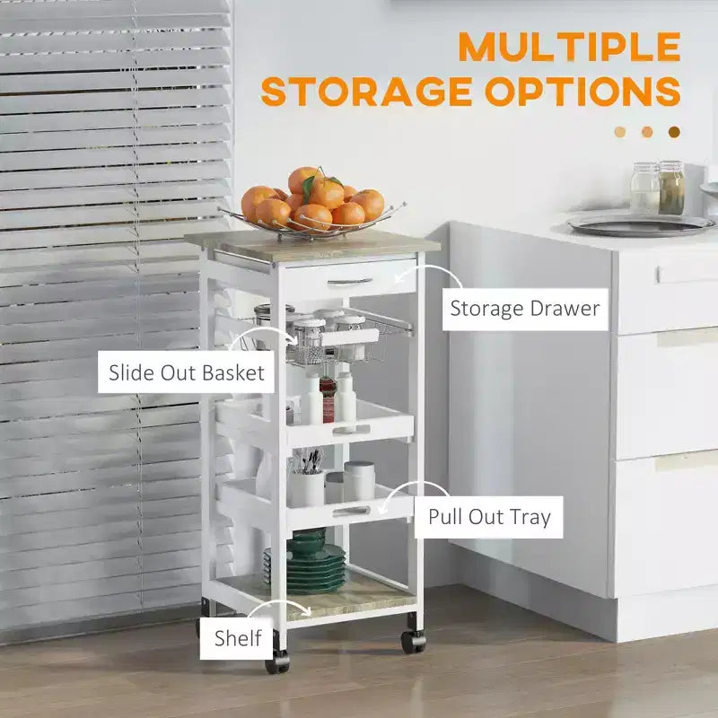 Okak Kitchen Cart with Wooden Shelves, Kitchen Island with Wire Fruit Baskets, Trays and Drawer, Kitchen Island Cart for Kitchen, Dining Room