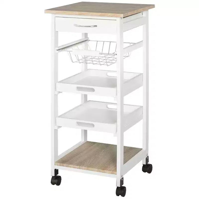Okak Kitchen Cart with Wooden Shelves, Kitchen Island with Wire Fruit Baskets, Trays and Drawer, Kitchen Island Cart for Kitchen, Dining Room