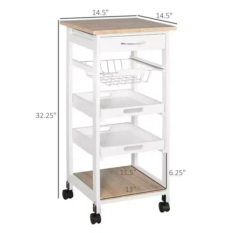 Okak Kitchen Cart with Wooden Shelves, Kitchen Island with Wire Fruit Baskets, Trays and Drawer, Kitchen Island Cart for Kitchen, Dining Room
