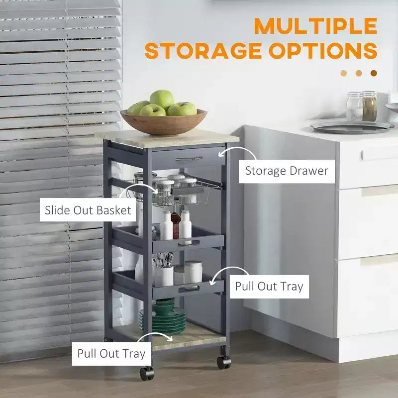 Okak Kitchen Cart with Wooden Shelves, Kitchen Island with Wire Fruit Baskets, Trays and Drawer, Kitchen Island Cart for Kitchen, Dining Room