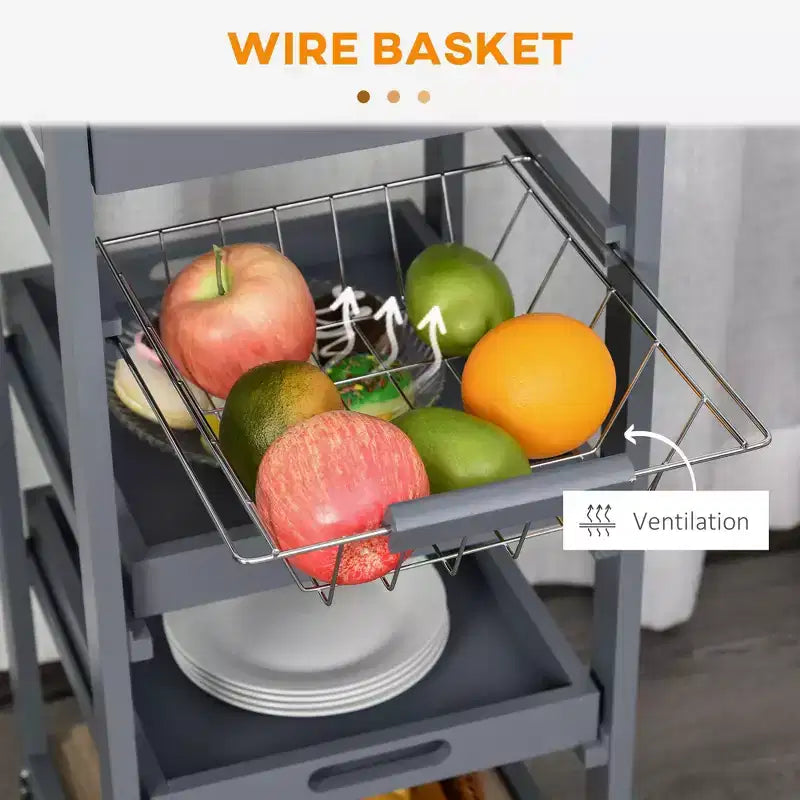 Okak Kitchen Cart with Wooden Shelves, Kitchen Island with Wire Fruit Baskets, Trays and Drawer, Kitchen Island Cart for Kitchen, Dining Room