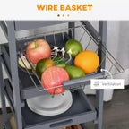 Okak Kitchen Cart with Wooden Shelves, Kitchen Island with Wire Fruit Baskets, Trays and Drawer, Kitchen Island Cart for Kitchen, Dining Room