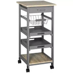 Okak Kitchen Cart with Wooden Shelves, Kitchen Island with Wire Fruit Baskets, Trays and Drawer, Kitchen Island Cart for Kitchen, Dining Room