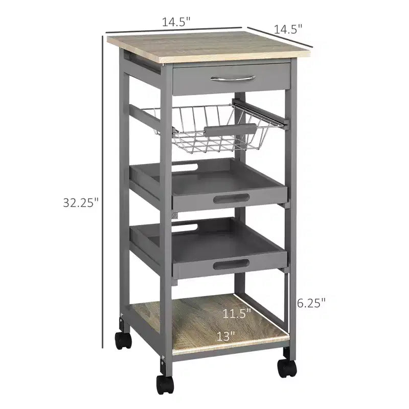 Okak Kitchen Cart with Wooden Shelves, Kitchen Island with Wire Fruit Baskets, Trays and Drawer, Kitchen Island Cart for Kitchen, Dining Room