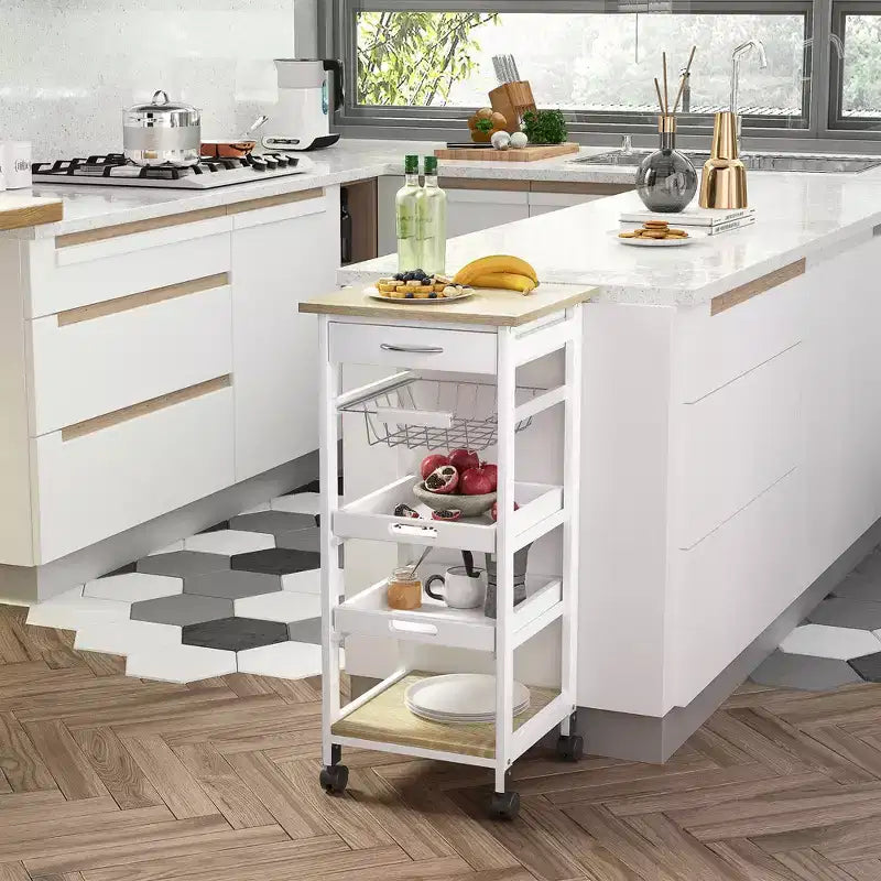 Okak Kitchen Cart with Wooden Shelves, Kitchen Island with Wire Fruit Baskets, Trays and Drawer, Kitchen Island Cart for Kitchen, Dining Room