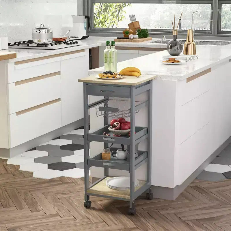Okak Kitchen Cart with Wooden Shelves, Kitchen Island with Wire Fruit Baskets, Trays and Drawer, Kitchen Island Cart for Kitchen, Dining Room