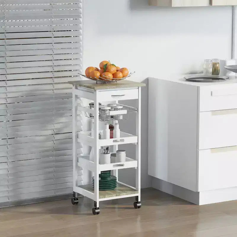 Okak Kitchen Cart with Wooden Shelves, Kitchen Island with Wire Fruit Baskets, Trays and Drawer, Kitchen Island Cart for Kitchen, Dining Room