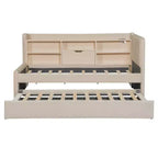 Twin Size L Shaped Platform Bed with Trundle, Wood Upholstered Corner Bed Frame with Storage Shelves, USB & Outlet