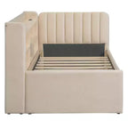 Twin Size L Shaped Platform Bed with Trundle, Wood Upholstered Corner Bed Frame with Storage Shelves, USB & Outlet