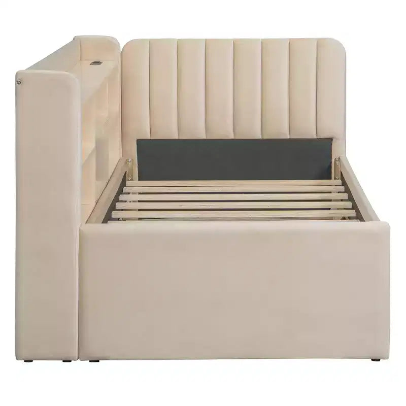 Twin Size L Shaped Platform Bed with Trundle, Wood Upholstered Corner Bed Frame with Storage Shelves, USB & Outlet