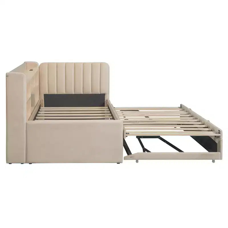 Twin Size L Shaped Platform Bed with Trundle, Wood Upholstered Corner Bed Frame with Storage Shelves, USB & Outlet