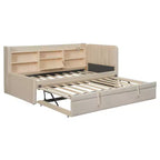 Twin Size L Shaped Platform Bed with Trundle, Wood Upholstered Corner Bed Frame with Storage Shelves, USB & Outlet