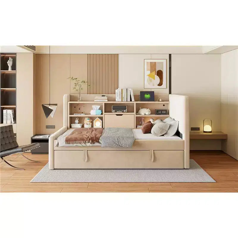 Twin Size L Shaped Platform Bed with Trundle, Wood Upholstered Corner Bed Frame with Storage Shelves, USB & Outlet