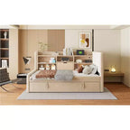 Twin Size L Shaped Platform Bed with Trundle, Wood Upholstered Corner Bed Frame with Storage Shelves, USB & Outlet